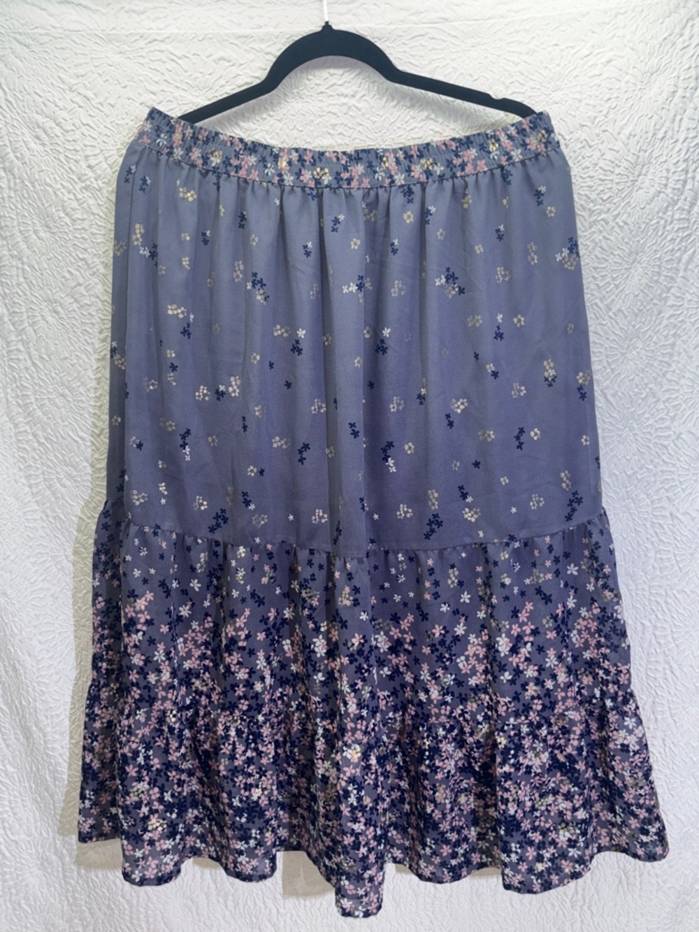 Studio West Tiered Ruffled Floral Print Sheer Overlay A-Line Midi Skirt
